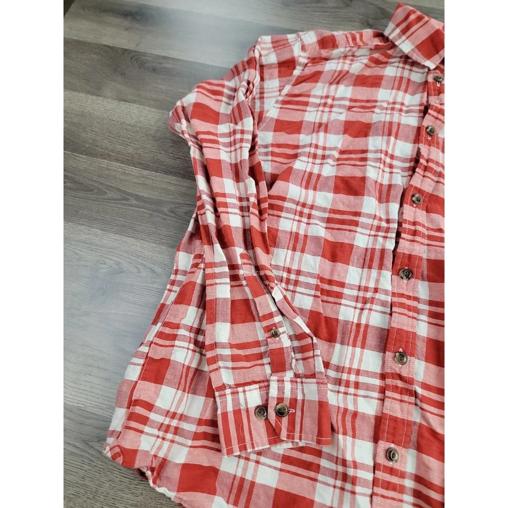 The North Face Linen Blend Button Down Shirt Large Red Plaid Collared Camp Mens